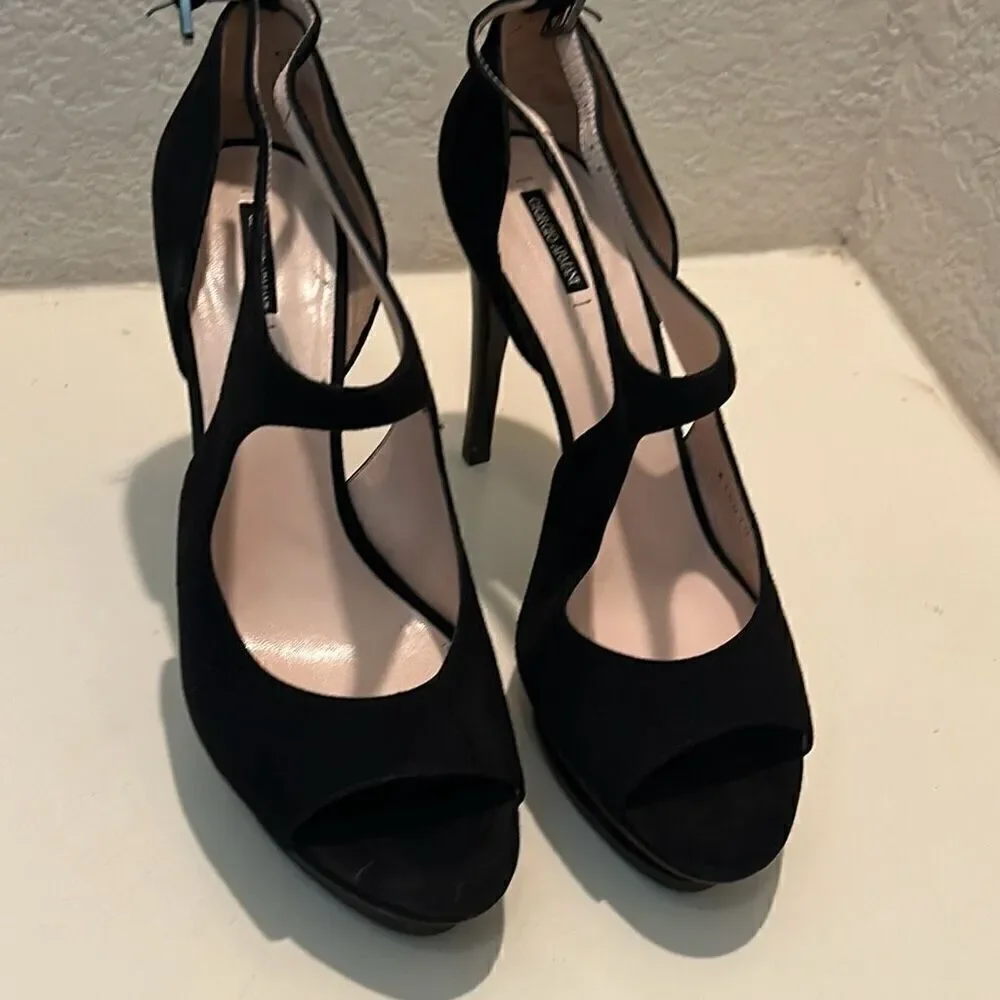 Giorgio Armani Women's 40.5 Black Suede Ankle Strap Cutout Pump Heels Evening